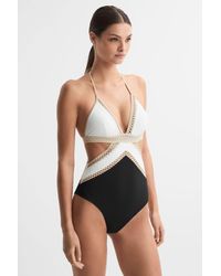 Reiss - Savannah - Black/white Lattice Halterneck Swimsuit - Lyst