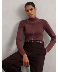 Reiss - Burgundy & Camel Stitch-Detail Funnel-Neck Jumper - Lyst