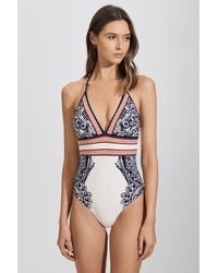 Reiss - Monica - Navy/red Printed Tie Back Swimsuit, Us 10 - Lyst