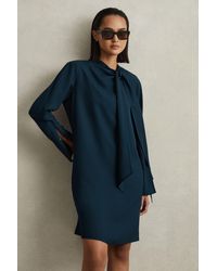 Reiss - Avery - Teal Tie Neck Belted Mini Dress - Lyst