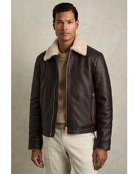 Reiss - Dark Shearling-Collar Leather Jacket - Lyst