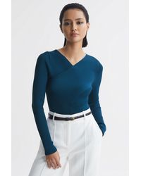 Reiss - Heidi - Teal Knitted Wrap Long Sleeve Top, S - Lyst