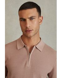 Reiss - Ivor - Soft Pink Textured Half-zip Polo Shirt, Xs - Lyst
