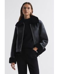 Reiss - Melody - Black Reversible Leather Shearling Zip-through Jacket - Lyst
