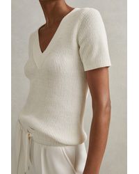 Reiss - Rosie - Ivory Cotton Blend Knitted V-neck Top, L - Lyst