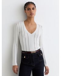 Reiss - Loui - White Open-stitch V-neck Jumper, Xs (us 2) - Lyst