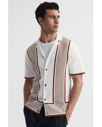 Reiss - Heath - White/camel Striped Cuban Collar Shirt, Xs - Lyst