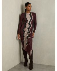 Reiss - Burgundy & Graphic Print Ruched Dress - Lyst