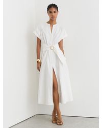 Reiss - Cotton Short-Sleeve Belted Midi Dress With Stretch - Lyst