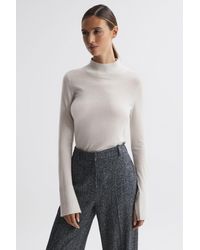 Reiss - Kylie - Stone Merino Wool Fitted Funnel Neck Top, L - Lyst