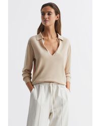 Reiss - Nellie - Camel Knitted Collared V-neck Top - Lyst