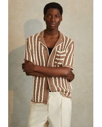 Reiss - Spritz - Camel/white Oversized Crochet Striped Cuban Collar Shirt - Lyst