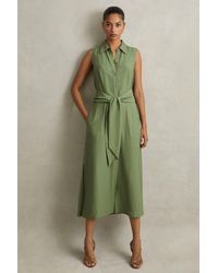 Reiss - Morgan - Green Viscose Blend Belted Shirt Dress - Lyst