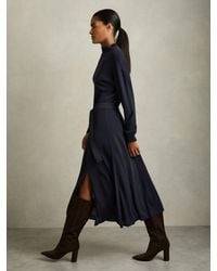 Reiss - Alina - Navy Petite Compact-knit Belted Midi Dress, Large (us 12-14) - Lyst