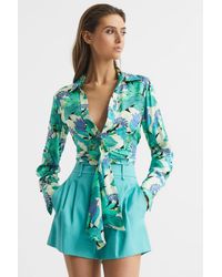 Reiss - Dana - Aquamarine Dana Floral Print Tie Front Cropped Blouse, Us 8 - Lyst