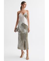 Reiss - Keeley - Silver Silk-velvet Asymmetric Strap Midi Dress, Us 8 - Lyst
