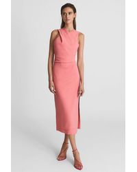 Reiss - Imogen - Pink Sleeveless Ruched Midi Dress, Us 10 - Lyst