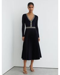 Reiss - Rib-Knit Stripe-Trim Pleated Midi Dress - Lyst