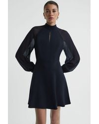 Reiss - Perry - Navy Sheer Blouson Sleeve Mini Dress, Us 8 - Lyst