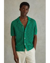 Reiss - Corsica - Bright Green Crochet Cuban Collar Shirt, M - Lyst