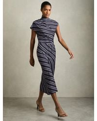 Reiss - Dillon - Blue Petite Stripe-print Draped Midi Dress, Xl (us 16-18) - Lyst