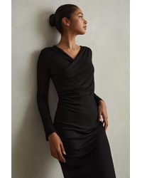 Reiss - Dionne - Black Jersey Wrap Front Midi Dress, M - Lyst