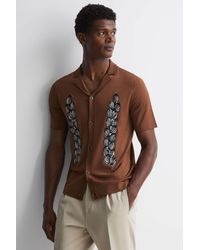 Reiss - Script - Tobacco Embroidered Cuban Collar Button Through T-shirt - Lyst