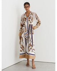 Reiss - Neutral Foulard-Print Tie-Neck Midi Dress - Lyst