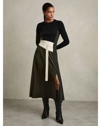 Reiss - Khaki & Rib Knit Belted Midi Dress - Lyst