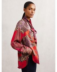 Reiss - Jade - Red Paisley-print Tie-neck Blouse, Us 2 - Lyst