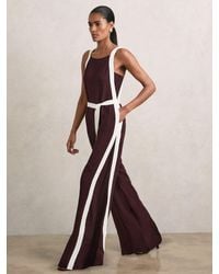 Reiss - Burgundy & Cream Petite Colourblock Wide Leg Belted Jumpsuit - Lyst