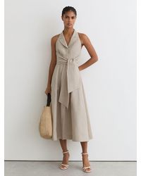 Reiss - Tara Neutral Petite Linen Tie-Waist Tailored Midi Dress - Lyst