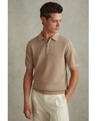Reiss - Burnham - Taupe Cotton Blend Textured Half Zip Polo Shirt - Lyst