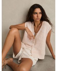 Reiss - Lily - Ivory Cotton-linen Button-through Knit Top, S - Lyst