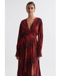 Reiss - Maya - Red Petite Animal Print Blouson Sleeve Midi Dress - Lyst