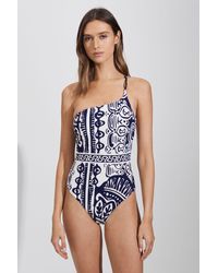 Reiss - Olivia - Navy/white Printed One-shoulder Swimsuit - Lyst