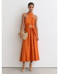 Reiss - Rowe - Orange Cotton Halterneck Belted Midi Dress, Us 6 - Lyst