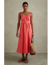 Reiss - Liza - Coral Cotton Ruched Strap Belted Midi Dress - Lyst