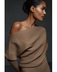 Reiss - Lara - Mink Off-the-shoulder Ribbed Midi Dress, M - Lyst