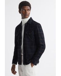 Reiss - Pearce - Navy Brushed Wool Check Overshirt - Lyst