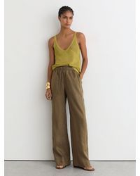 Reiss - Riley - Khaki Green Linen Ladder-embroidery Wide-leg Trousers, Us 14 R - Lyst