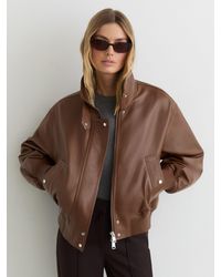 Reiss - Cara - Chestnut Brown Petite Leather Funnel-neck Bomber Jacket, Us 10 - Lyst
