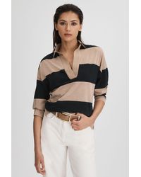 Reiss - Abigail - Black/camel Striped Cotton Open-collar T-shirt - Lyst