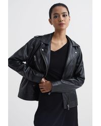 Reiss - Sutton - Black Oversized Leather Biker Jacket, Us 8 - Lyst