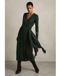 Reiss - Madeline - Green Jersey Wrap-tie Midi Dress, Us 6 - Lyst