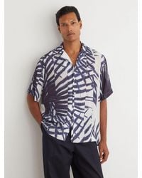 Reiss - Shindora - Navy/white Plissé Printed Cuban-collar Shirt, L - Lyst