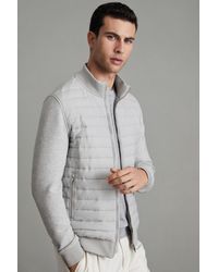 Reiss - Freddie - Soft Grey Melange Hybrid Quilt And Knit Zip-through Jacket - Lyst