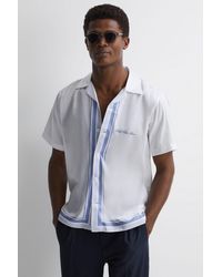 Reiss - Chateau - White/blue | Ché Motif Cuban Collar Button-through Shirt - Lyst