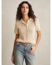 Reiss - Evi - Ivory Cotton-blend Open-knit Polo Shirt, Xs - Lyst