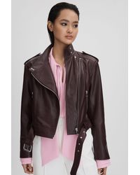 Reiss - Maeve - Berry Cropped Leather Biker Jacket - Lyst